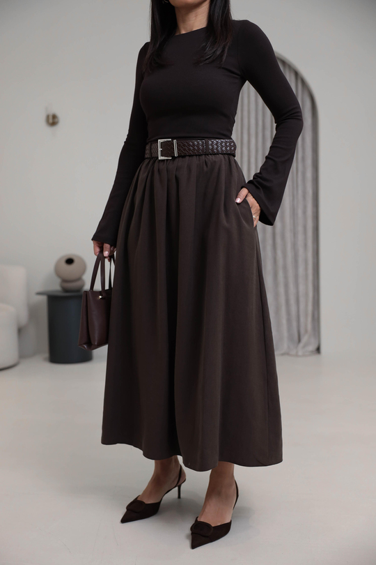 0727 Kemerli Tencel Etek KAHVE