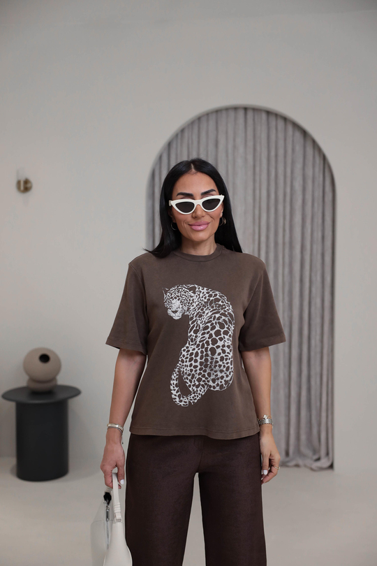 8111 Kaplan Baskılı Pamuklu Yıkamalı Tshirt KAHVE