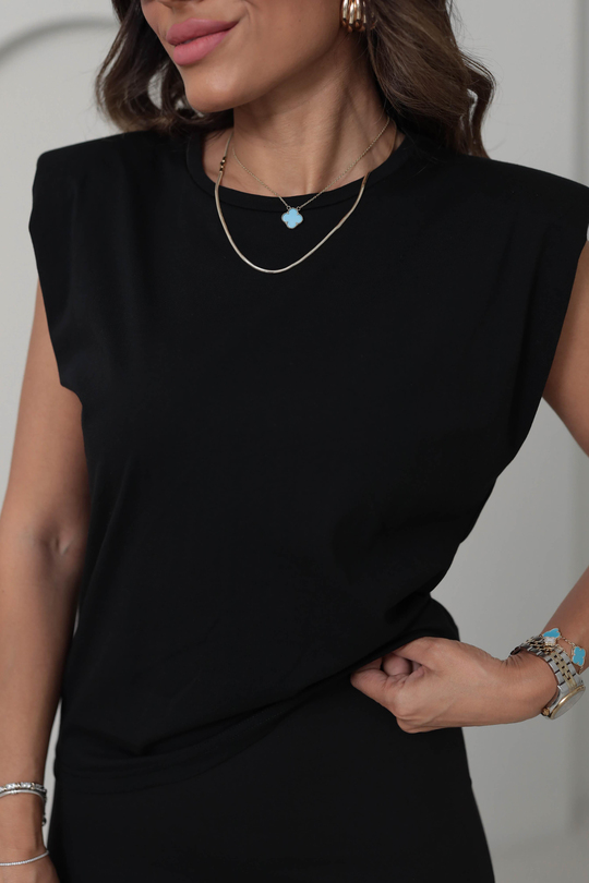 8802 Omuzları Vatkalı Pamuklu Tshirt SİYAH