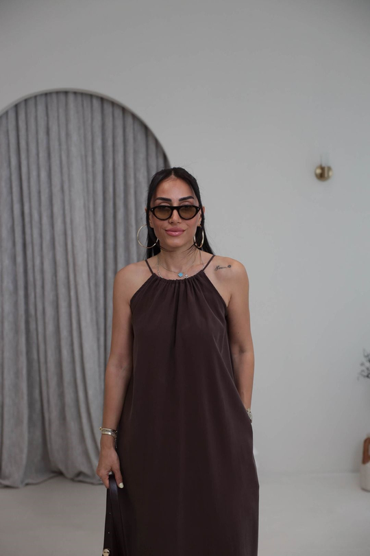 1106C İpli Halter Yaka Cepli Tencel Elbise KAHVE