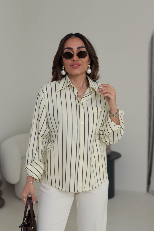 3142 Çizgili Cep Detaylı Poplin Gömlek SARI