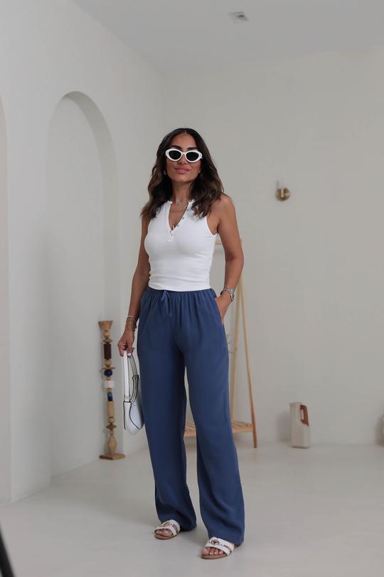 Beli Lastikli Bağcıklı Tencel Pantolon Indigo