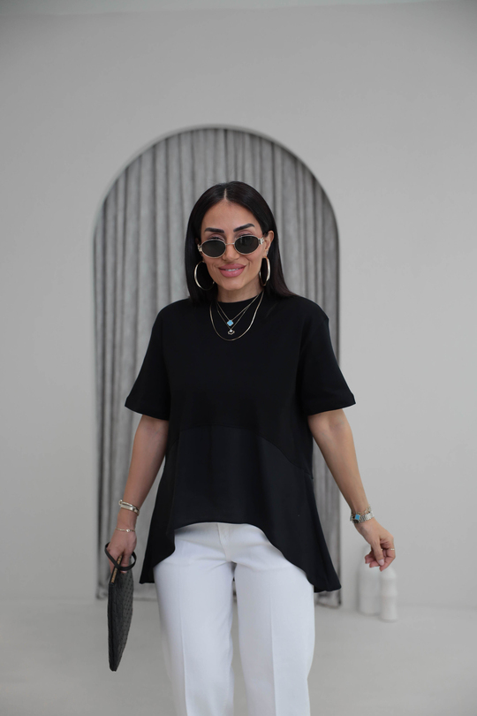 8204 Bisiklet Yaka Tencel Garnili Dökümlü Tshirt SİYAH