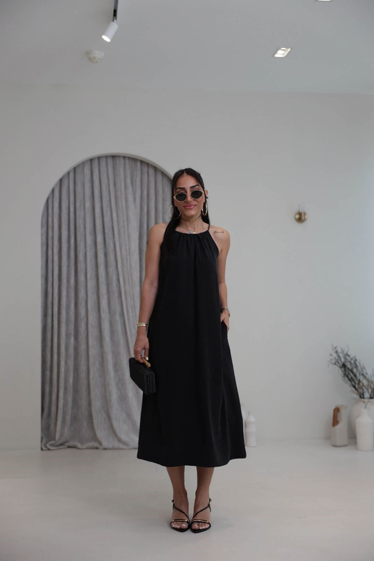 1106C İpli Halter Yaka Cepli Tencel Elbise SİYAH