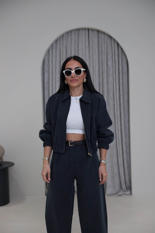 0735 Polo Yaka Bomber Ceketli Tencel Takım ANTRASİT