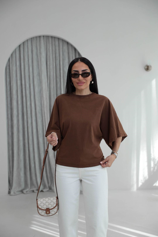 2207 Yıkamalı Pamuklu Tshirt KAHVE