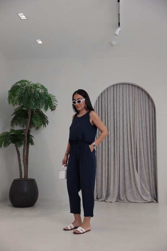 3089 Tencel Kumaş Kolsuz Takım LACİVERT