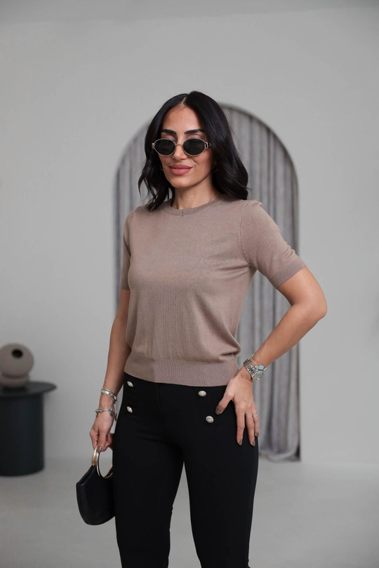 0779 Bisiklet Yaka Kısa Kol Basic Triko Bluz VİZON