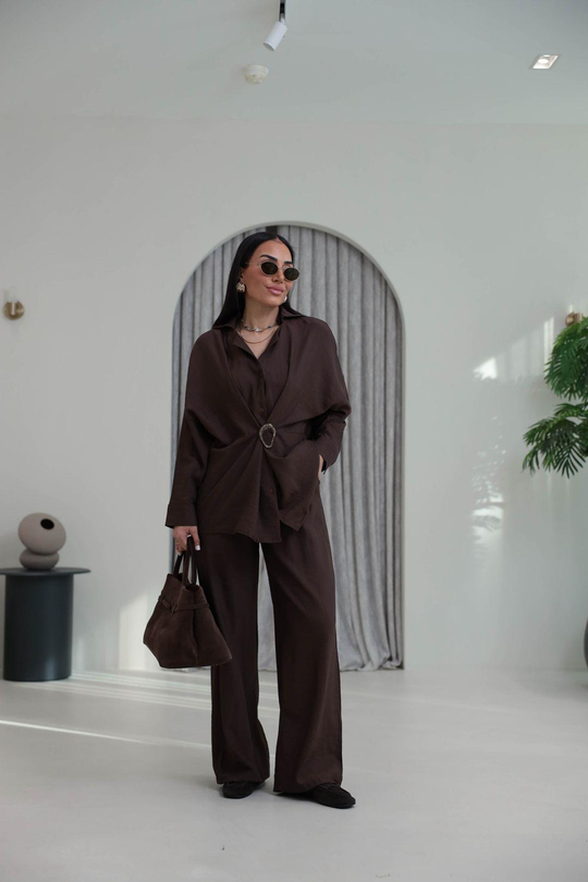 7091 Broş Detaylı Gömlek Pantolon Takım KAHVE