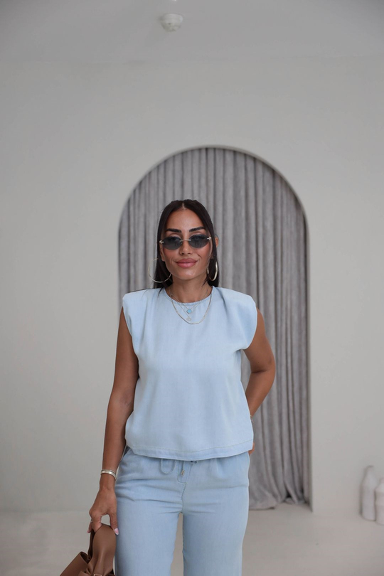 7358 Vatkalı Sıfır Kol Denim Tencel Kumaş Takım BUZ MAVİ