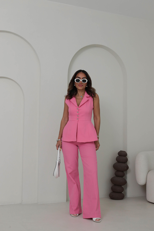 9206 Yıkamalı Keten Yelekli Takım PEMBE