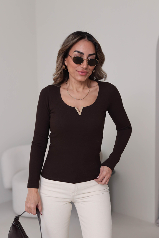 6334 V Gold Detaylı Uzun Kol Bluz KAHVE