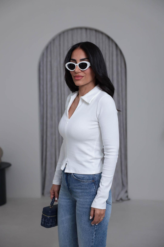 7246 Fermuar Detaylı Polo Yaka Bluz EKRU