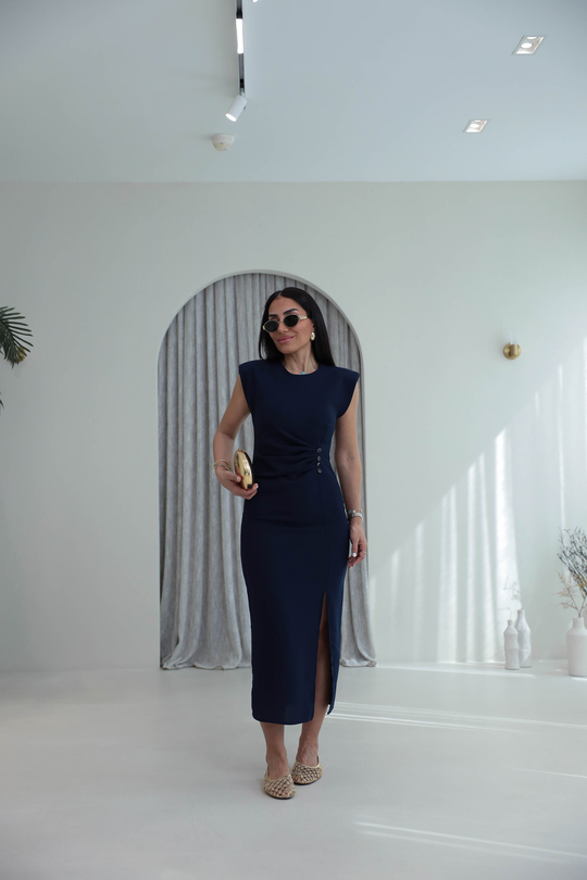 3870 Sıfır Kol Vatkalı Drapeli Elbise LACİVERT