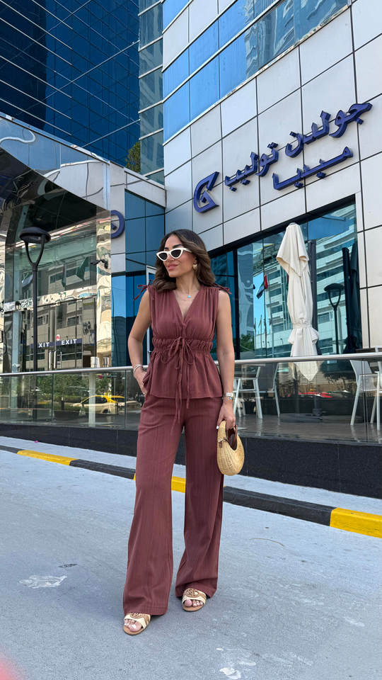 DXB Büzgü Detaylı Bel Lastikli Keten Takım KİREMİT