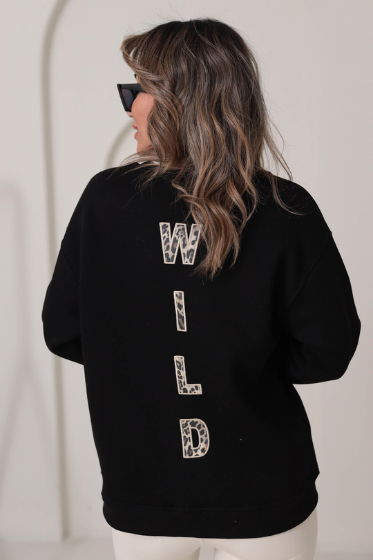 5617 Leopar Nakış Yarım Fermuarlı Şardonlu Sweatshirt SİYAH