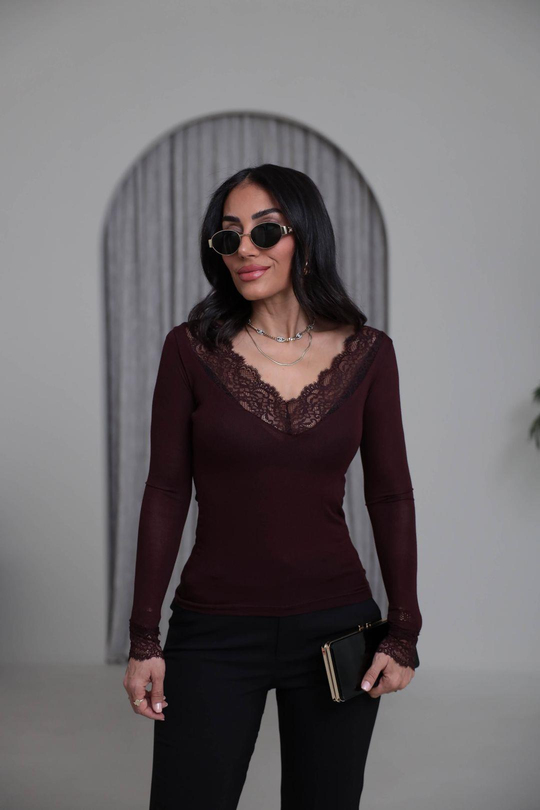 1041 V Yaka Dantel Detay İnti Body BORDO