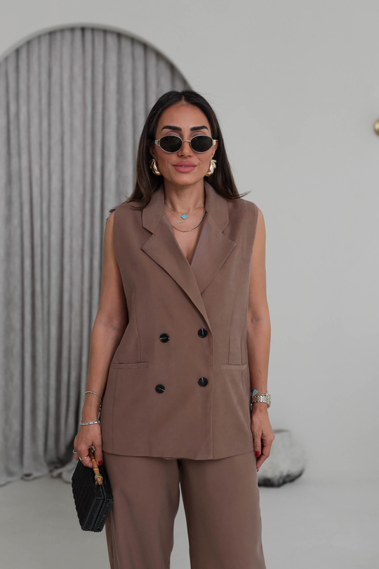 0382 Kruvaze Yaka Yelek Pantolon Tencel Takım KAHVE