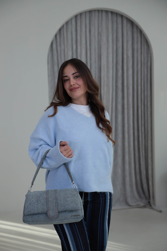 2733 V Yaka Yün Karışımlı Kazak BEBE MAVİ