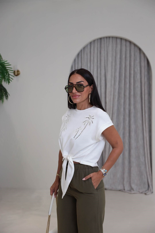 8471 Bağlama Detay Palmiye Nakışlı Tshirt EKRU