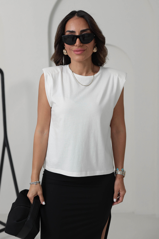 8802 Omuzları Vatkalı Pamuklu Tshirt EKRU