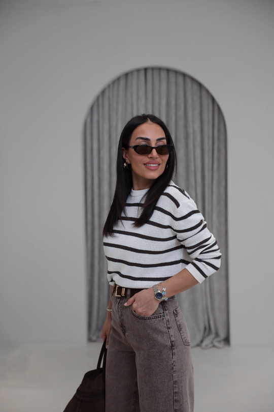 1032 Çizgili Triko Bluz EKRU