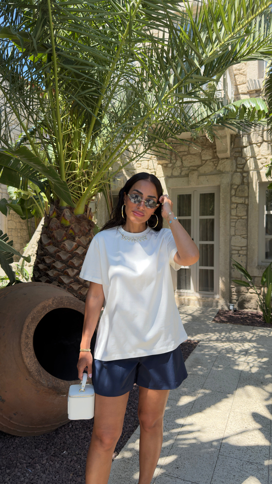 Bisiklet Yaka Taşlı Pamuklu Tshirt EKRU