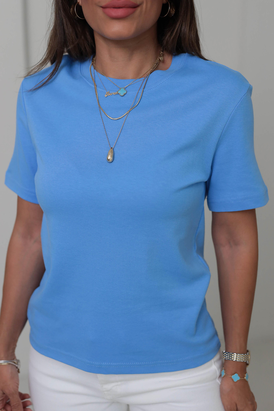 1075 Bisiklet Yaka Pamuklu Basic Tshirt MAVİ