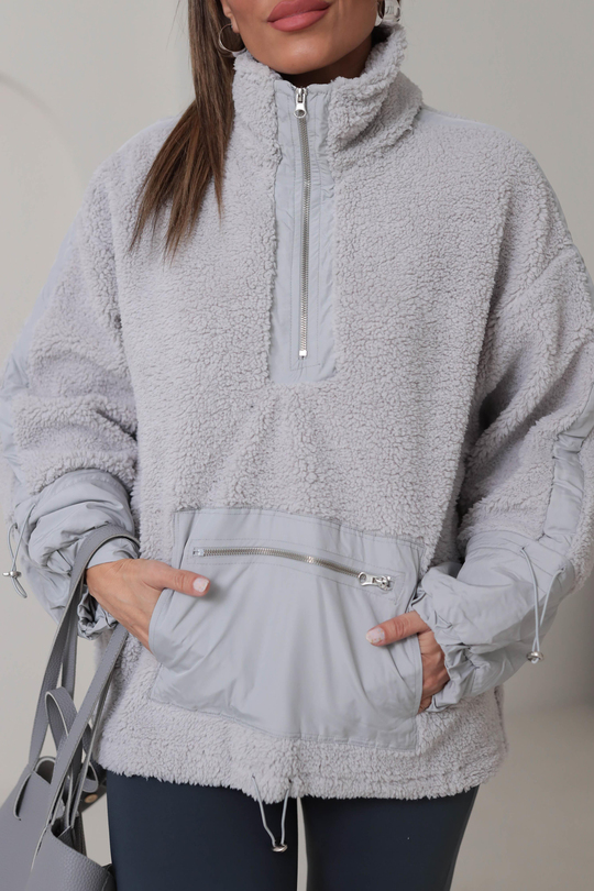 Yarım Fermuarlı Paraşüt Kumaş Detaylı Sweatshirt GRİ