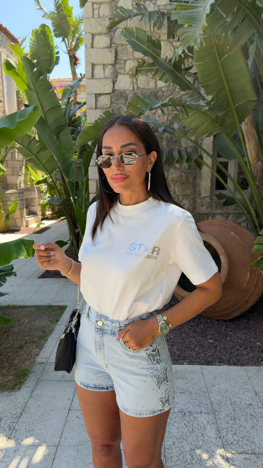 1093 Silver Star Baskılı Tshirt EKRU