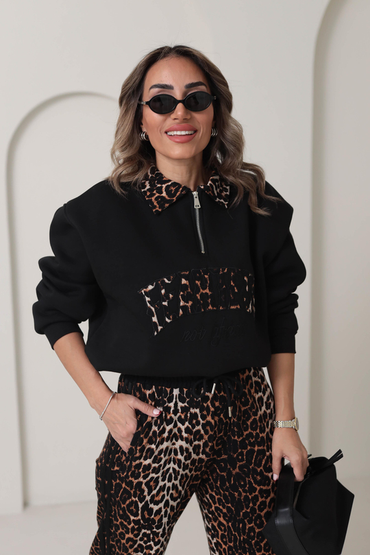 Leopar Yakalı Nakışlı Şardonlu Sweatshirt SİYAH