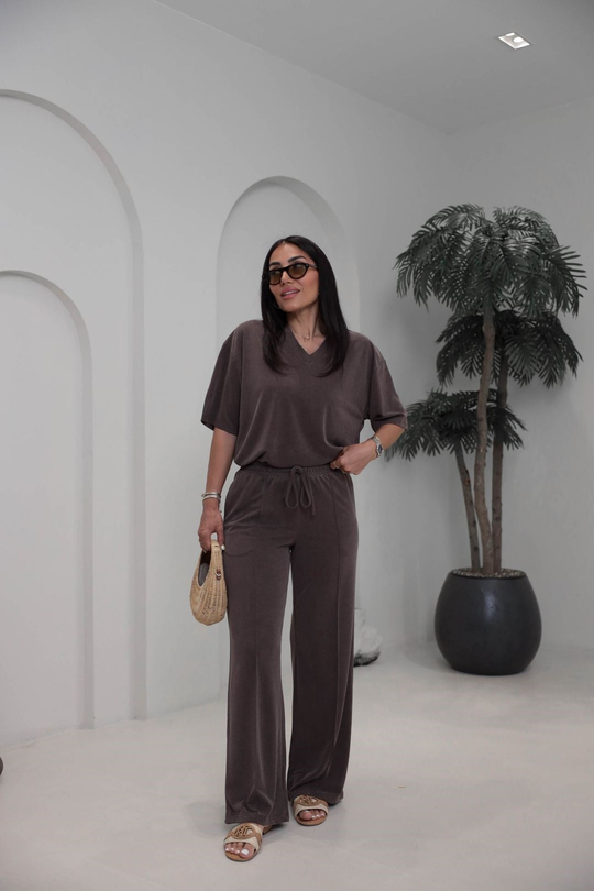 7342 Yırtmaçlı V Yaka Modal Tshirt & Çimalı Pantolon Takım KAHVE