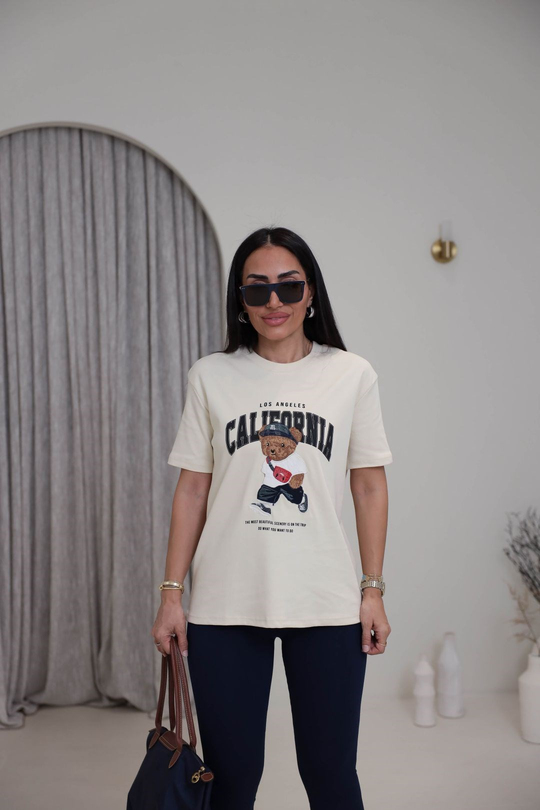 0295 Bisiklet Yaka Tedy Nakışlı Koton Tshirt BEJ