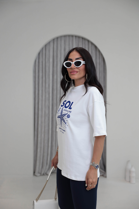 2031 Sol Deniz Yıldızı Desenli Oversize Pamuklu Tshirt EKRU