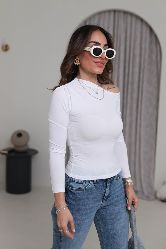 1001 Omuz Drape ve Dekolte Detaylı Bluz BEYAZ
