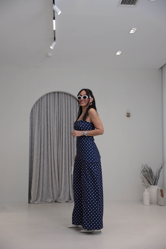 4161 Puantiyeli Askılı Bluz Pantolon Takım LACİVERT