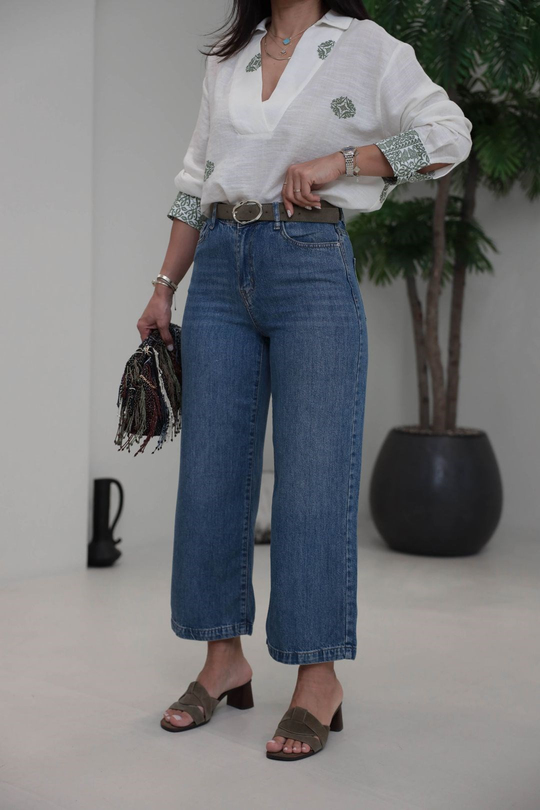 1026 Tencel Denim Süet Kemerli Kumaş Pantolon LACİVERT