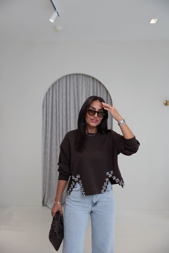 9095 Eteği Taş Süslemeli Pamuklu Sweatshirt KAHVE