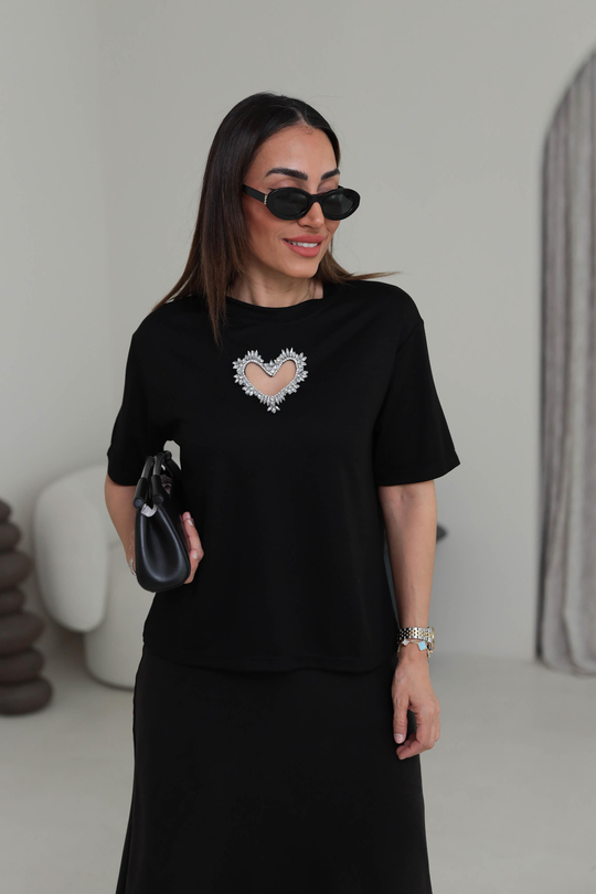 8111 Kalp Dekolteli Taşlı Modal Tshirt SİYAH