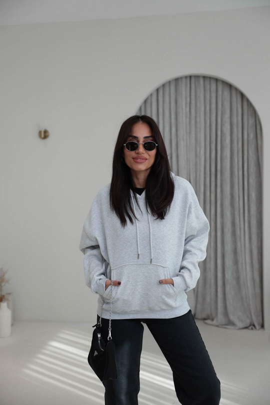 4290 Sırtı Taşlı Kapşonlu Sweatshirt GRİ