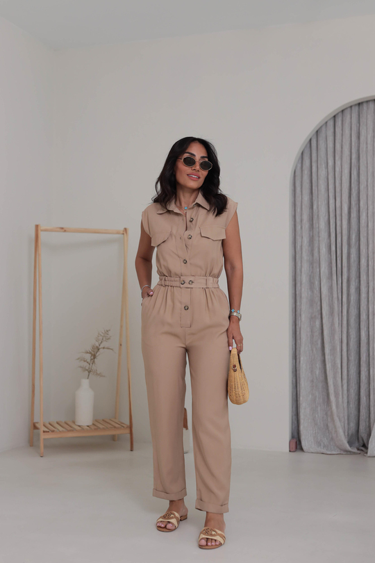 0107 Polo Yaka Kemerli Tencel Tulum CAMEL