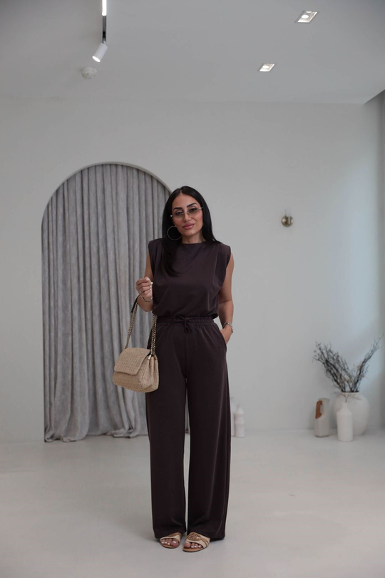 2505 Vatkalı Kol Pileli Pike Modal Takım KAHVE
