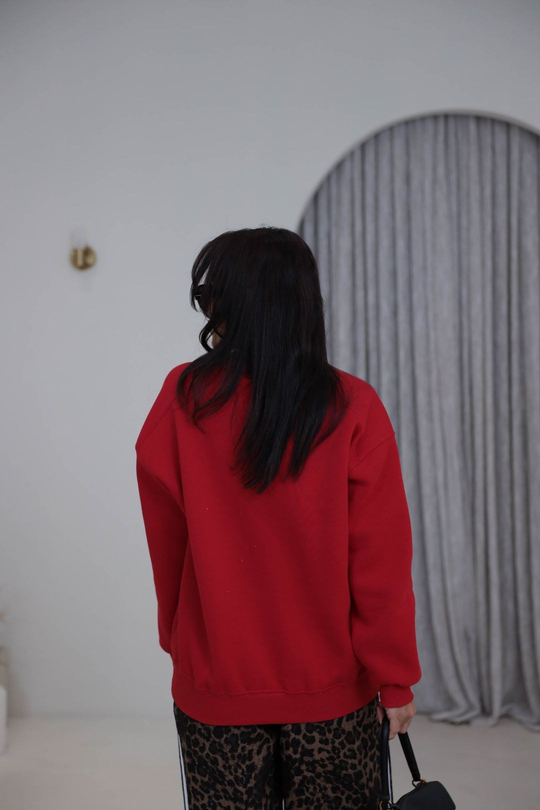 0417 Reglan Kol Teddy Nakışlı Sweatshirt KIRMIZI