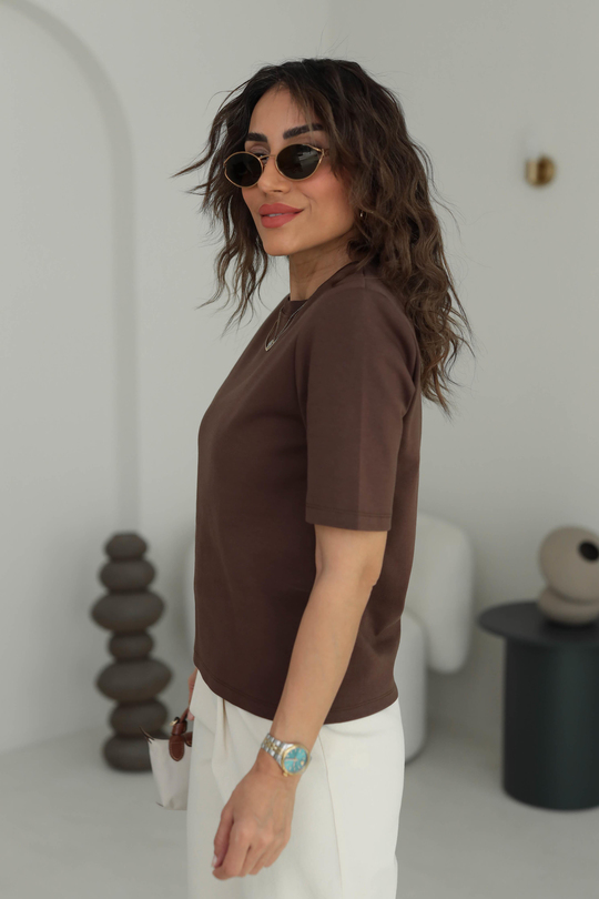 1134 Vatkalı Kalın Dokulu Tshirt KAHVE