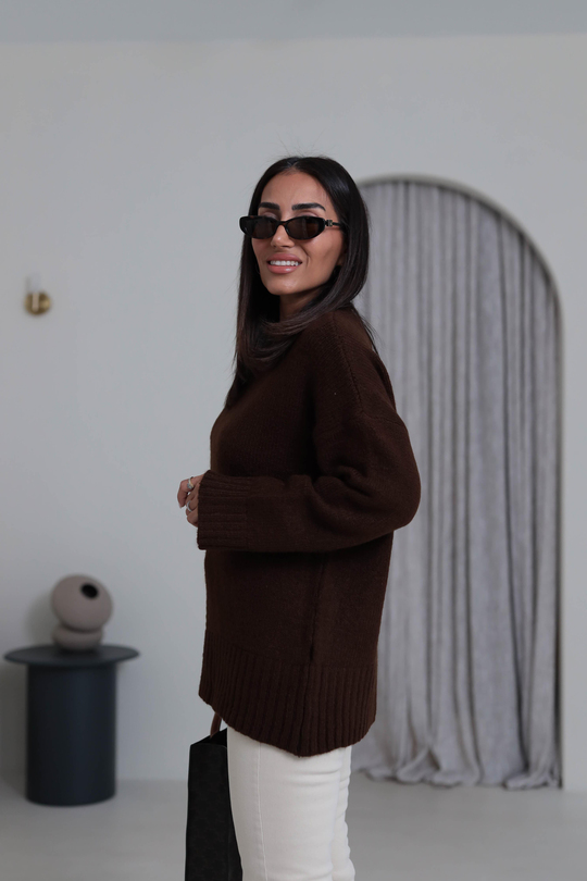 0100 Bisiklet Yaka Oversize Düz Kazak KAHVE