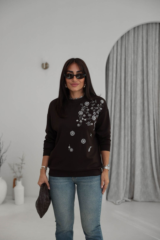 Bisiklet Yaka Pul ve Boncuk İşlemeli Orj Sweatshirt KAHVE