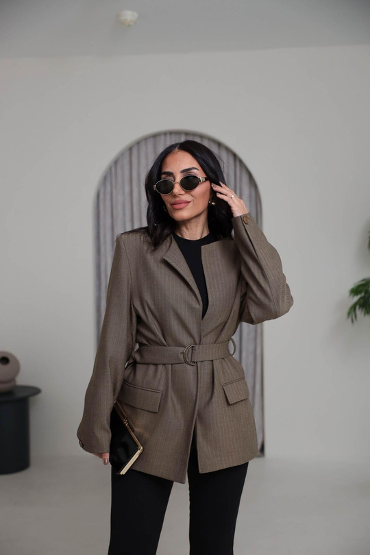 1284 Vatkalı Kemerli Balıksırtı Blazer Ceket CAMEL