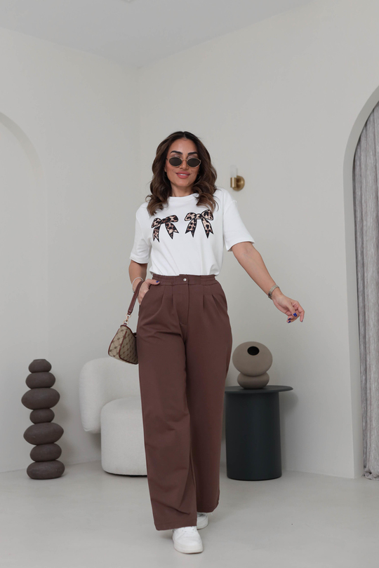 3197 Leopar Kurdele detaylı Tshirt EKRU