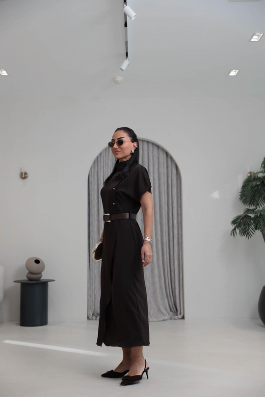 7045 Hakim Yaka Düğme Ve Kemerli Linda Elbise KAHVE