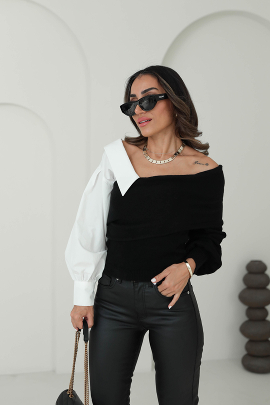 4256 Gömlek Garnili Triko Bluz SİYAH